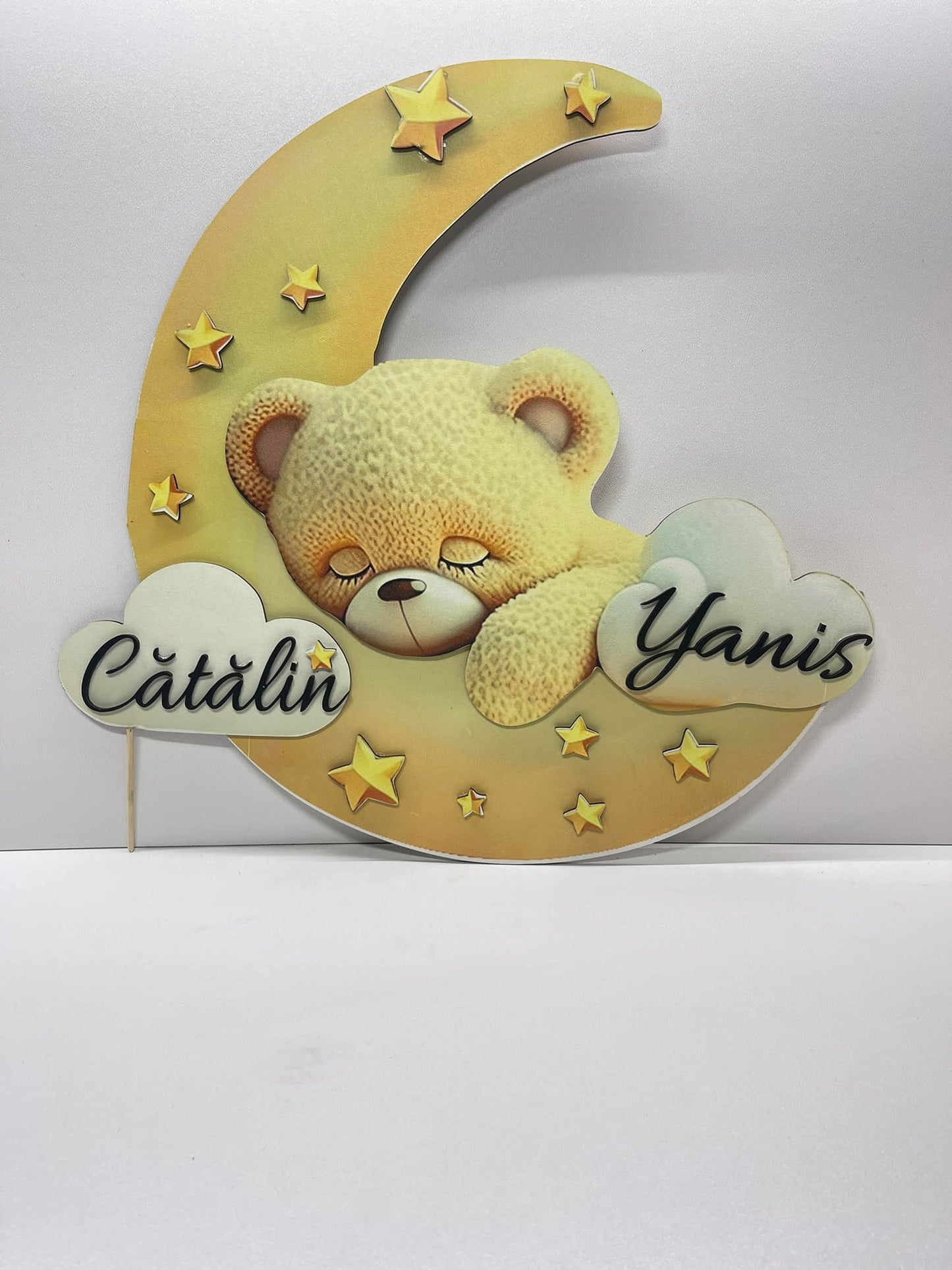 Ursulet  personalizat cu nume – luna si stelute botez