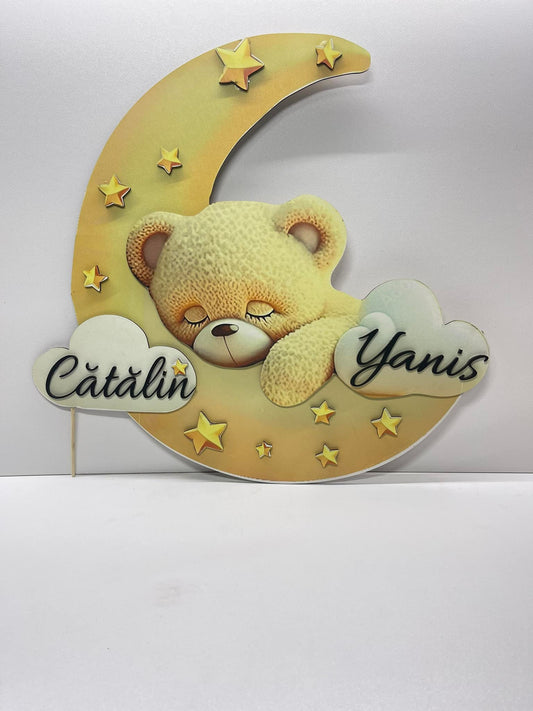Ursulet  personalizat cu nume – luna si stelute botez